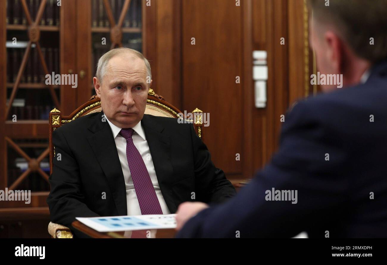 Moscow, Russia. 30th Aug, 2023. Russian President Vladimir Putin, left, listens to the Chairman of VEB.RF Igor Shuvalov, right, during a face-to-face meeting at the Kremlin, August 29, 2023 in Moscow, Russia. Credit: Gavriil Grigorov/Kremlin Pool/Alamy Live News Stock Photo