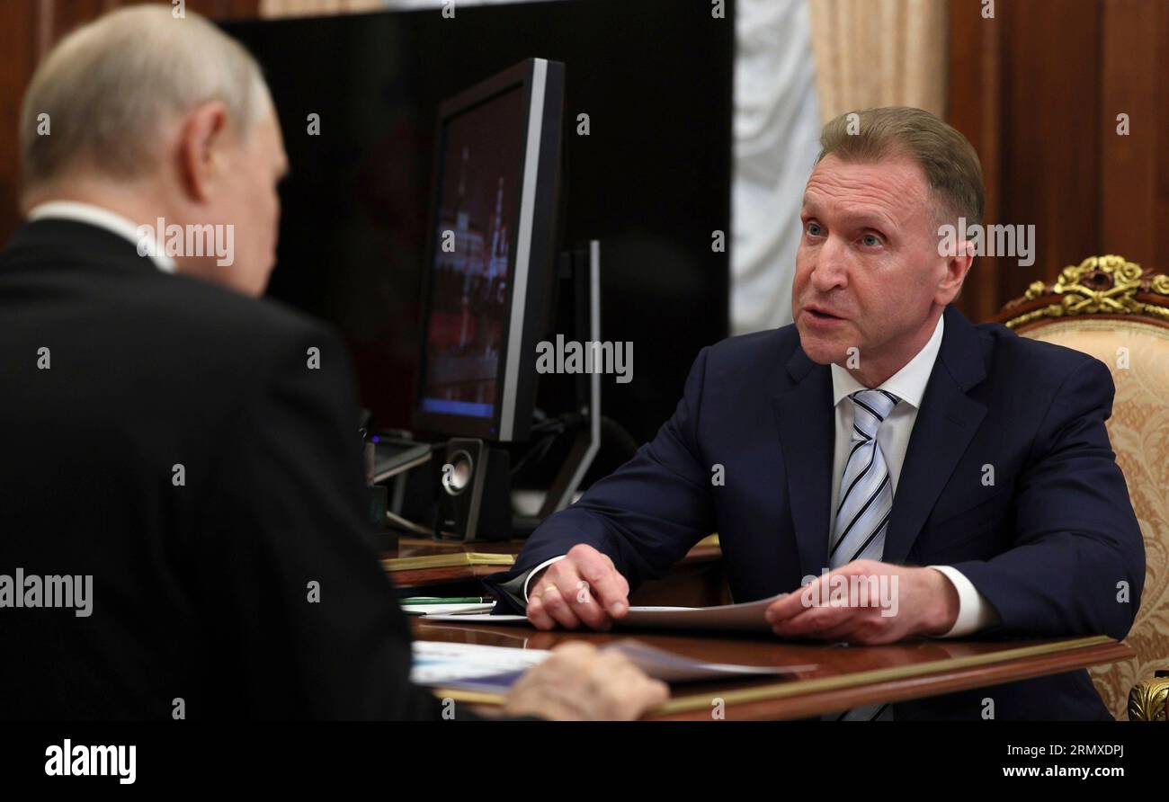 Moscow, Russia. 30th Aug, 2023. Russian President Vladimir Putin, left, listens to the Chairman of VEB.RF Igor Shuvalov, right, during a face-to-face meeting at the Kremlin, August 29, 2023 in Moscow, Russia. Credit: Gavriil Grigorov/Kremlin Pool/Alamy Live News Stock Photo