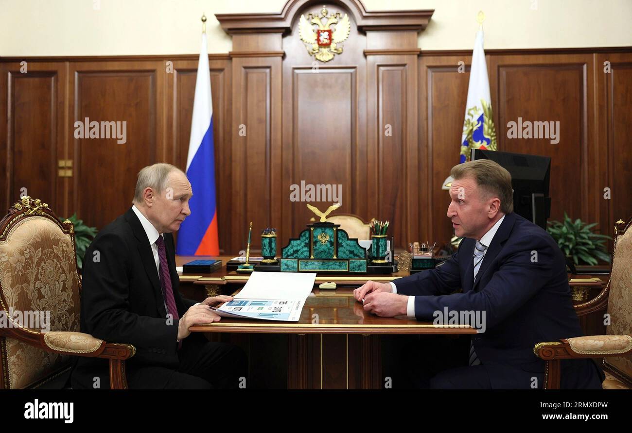Moscow, Russia. 30th Aug, 2023. Russian President Vladimir Putin, left, listens to the Chairman of VEB.RF Igor Shuvalov, right, during a face-to-face meeting at the Kremlin, August 29, 2023 in Moscow, Russia. Credit: Gavriil Grigorov/Kremlin Pool/Alamy Live News Stock Photo