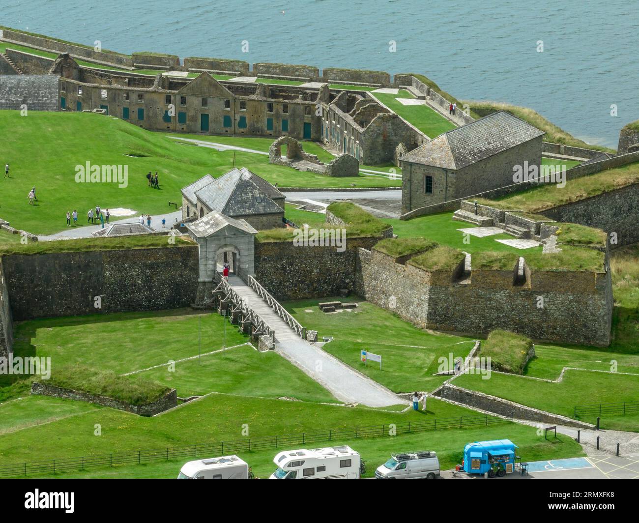 Close up aerial view of Charles Fort entrance, pentagon shaped gun platform bastion in Kinsale Ireland Stock Photo