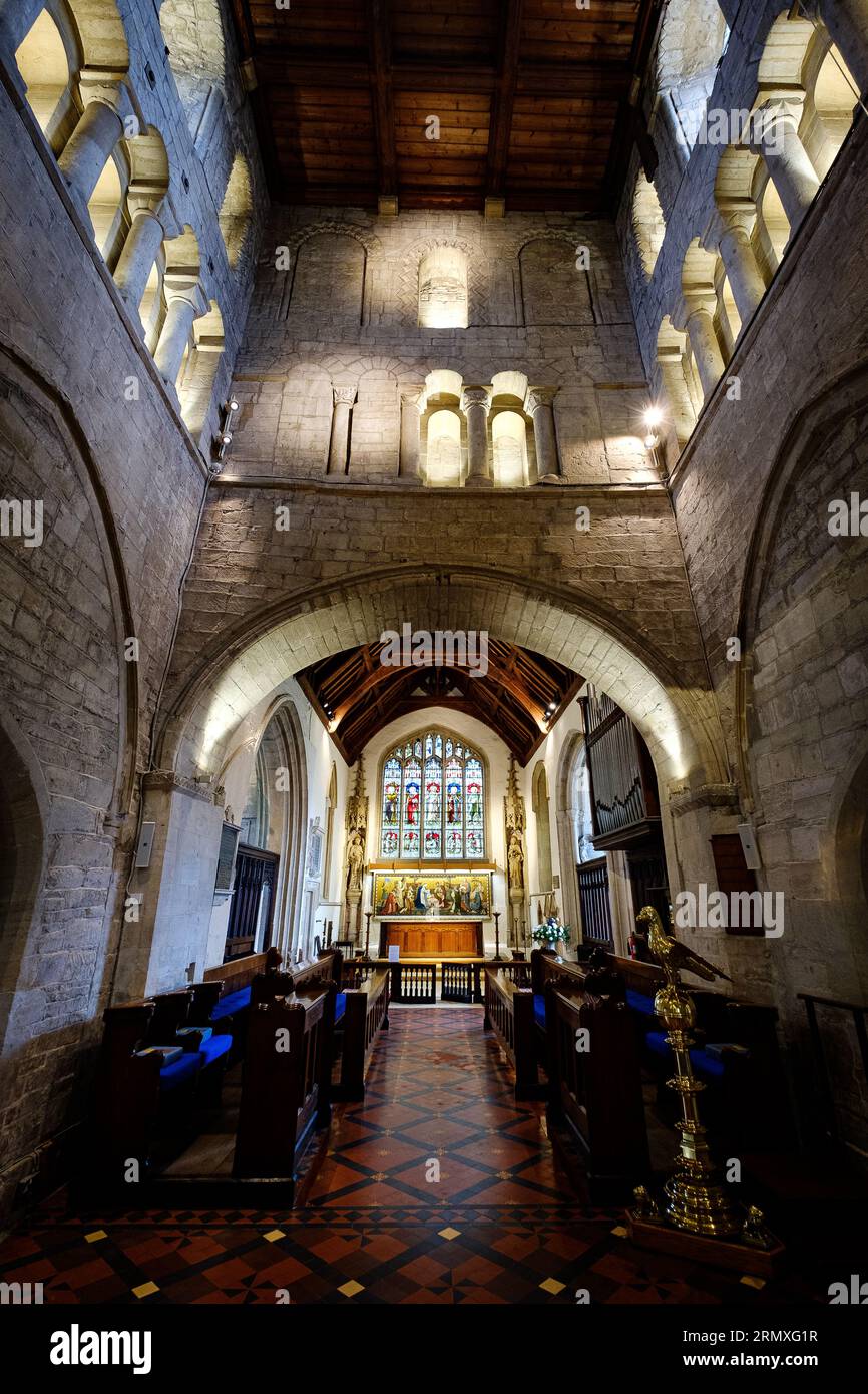 The interior of St John the Baptist Church, Burford, West Oxfordshire. It features a Norman Tower with later parts of the church added around it Stock Photo