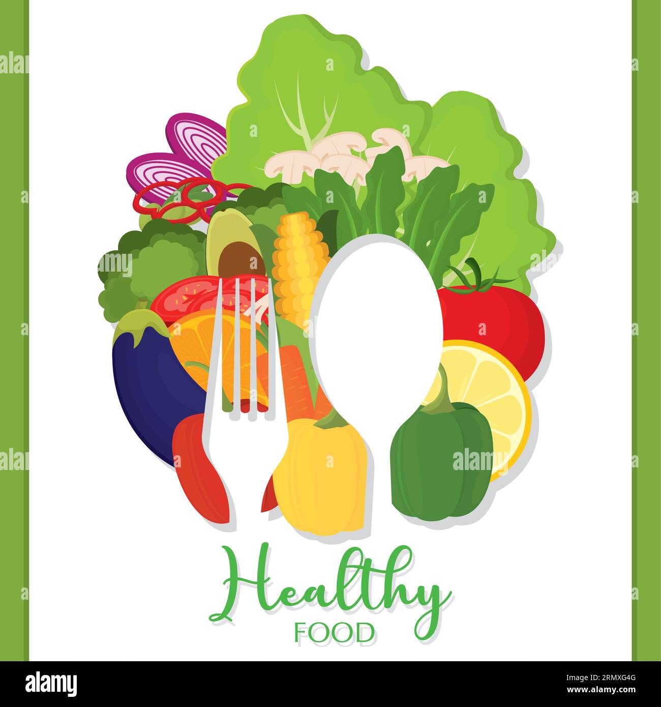 Silhouette of spoon and fork on a group of vegetables Healthy food ...