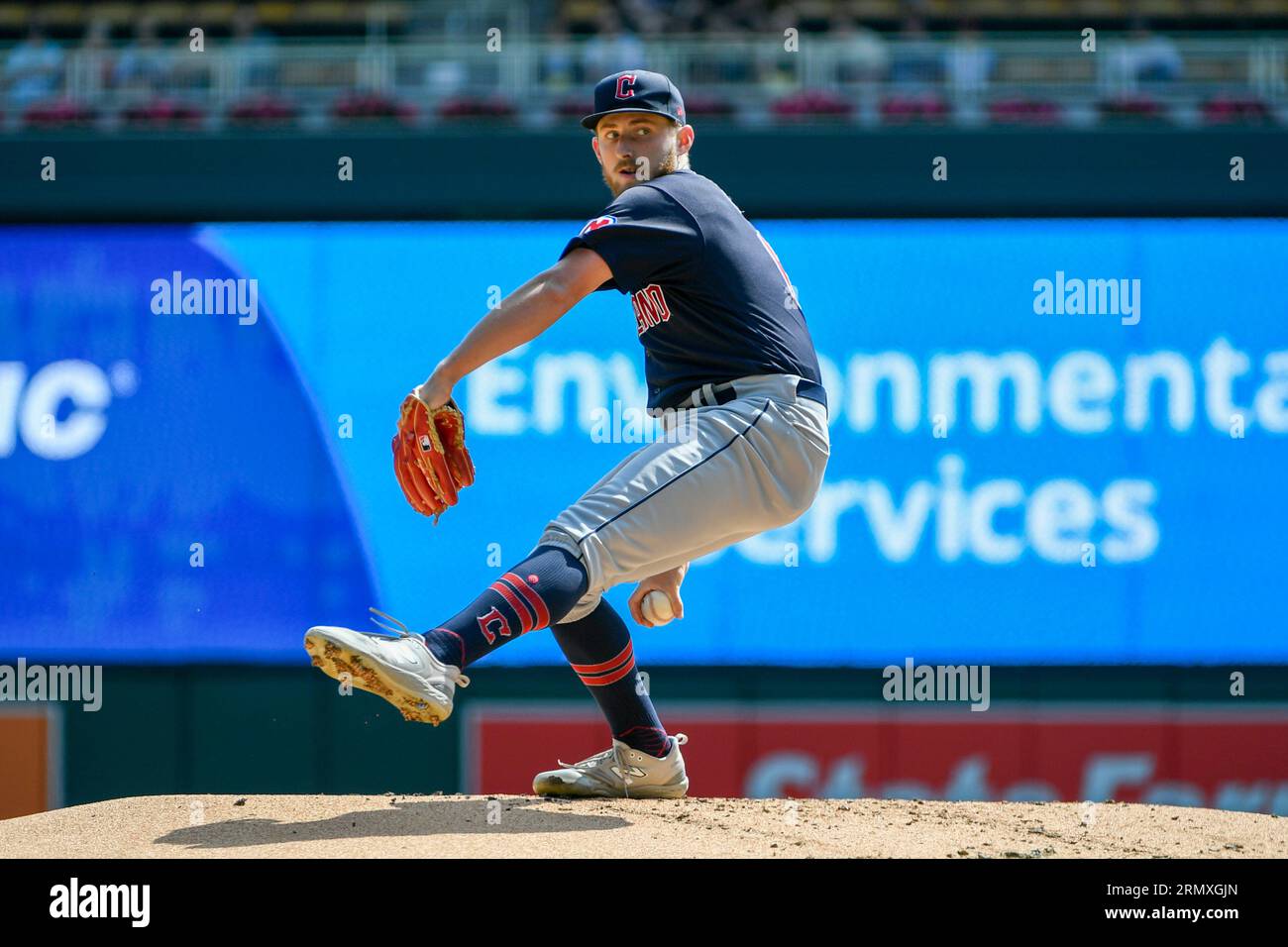 Cleveland Guardians pitcher Tanner Bibee throws against the Minnesota