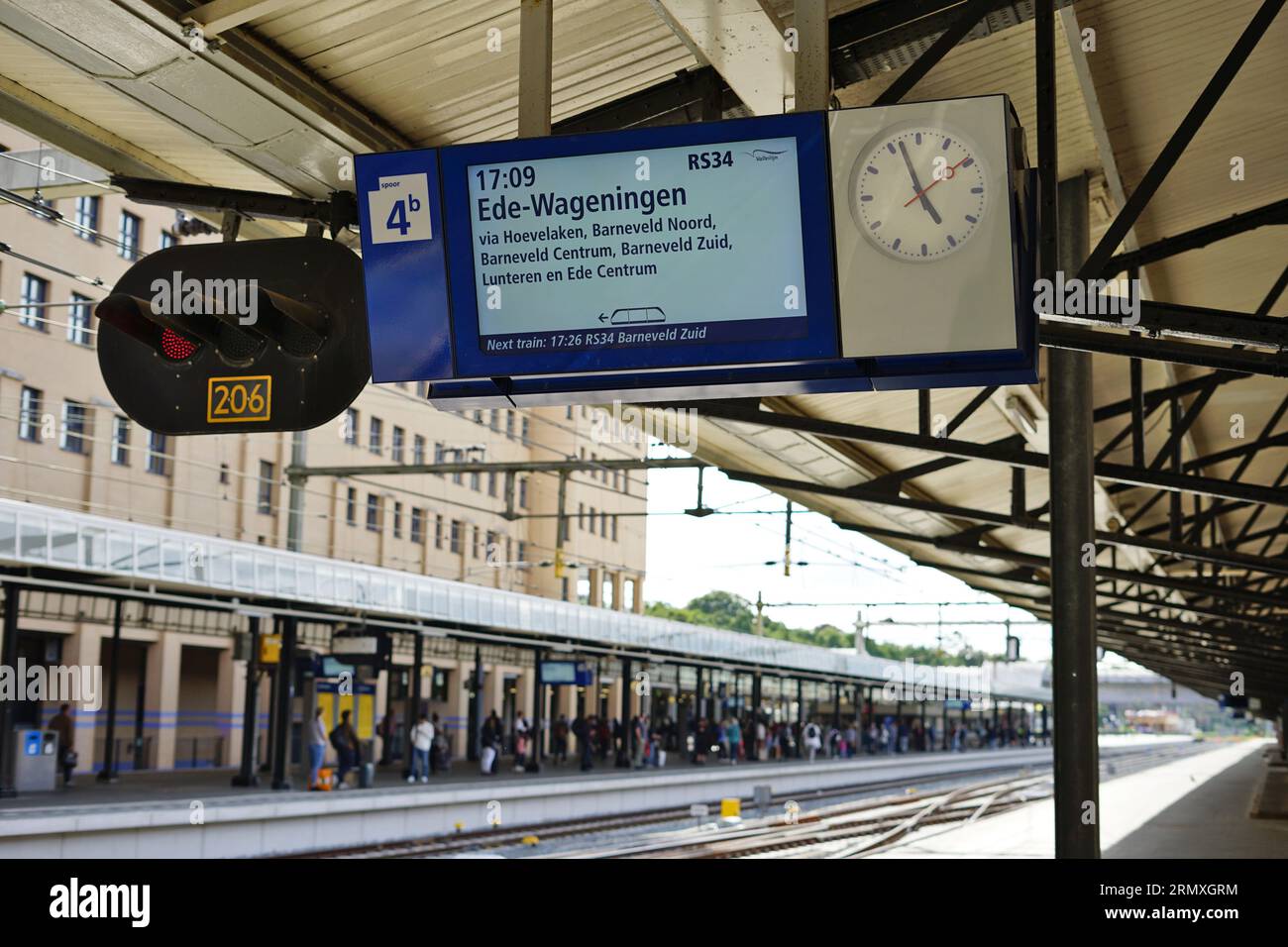 Amersfoort, Netherlands - August 28, 2023: Platform and information screen at the railway station 'Amersfoort Centraal' Stock Photo