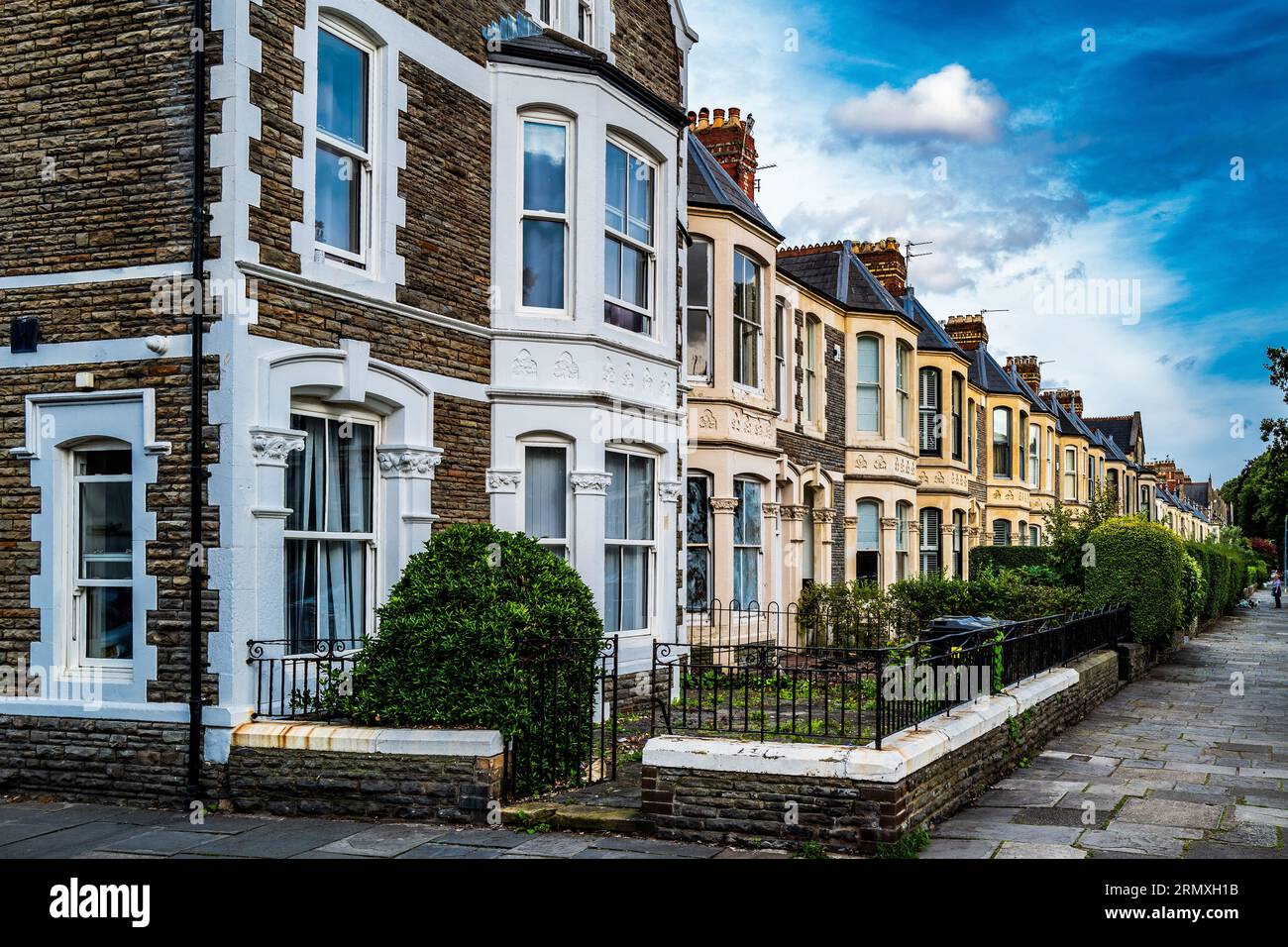 Row of terraced houses in Pontcanna (upmarket area), Cardiff. UK Housing Market. Property Market. Mortgages. Concept. Abstract. Business. Economy. Tax Stock Photo