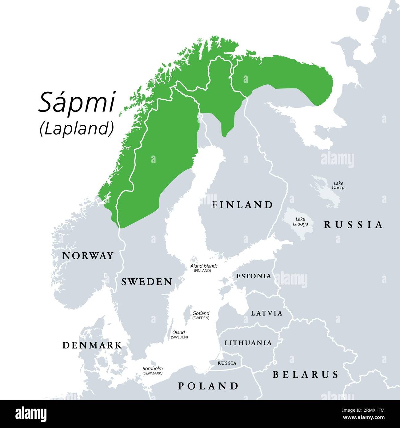 Sapmi, Lapland, gray political map. Cultural region in Northern and Eastern Europe, including the northern parts of Fennoscandia. Stock Photo