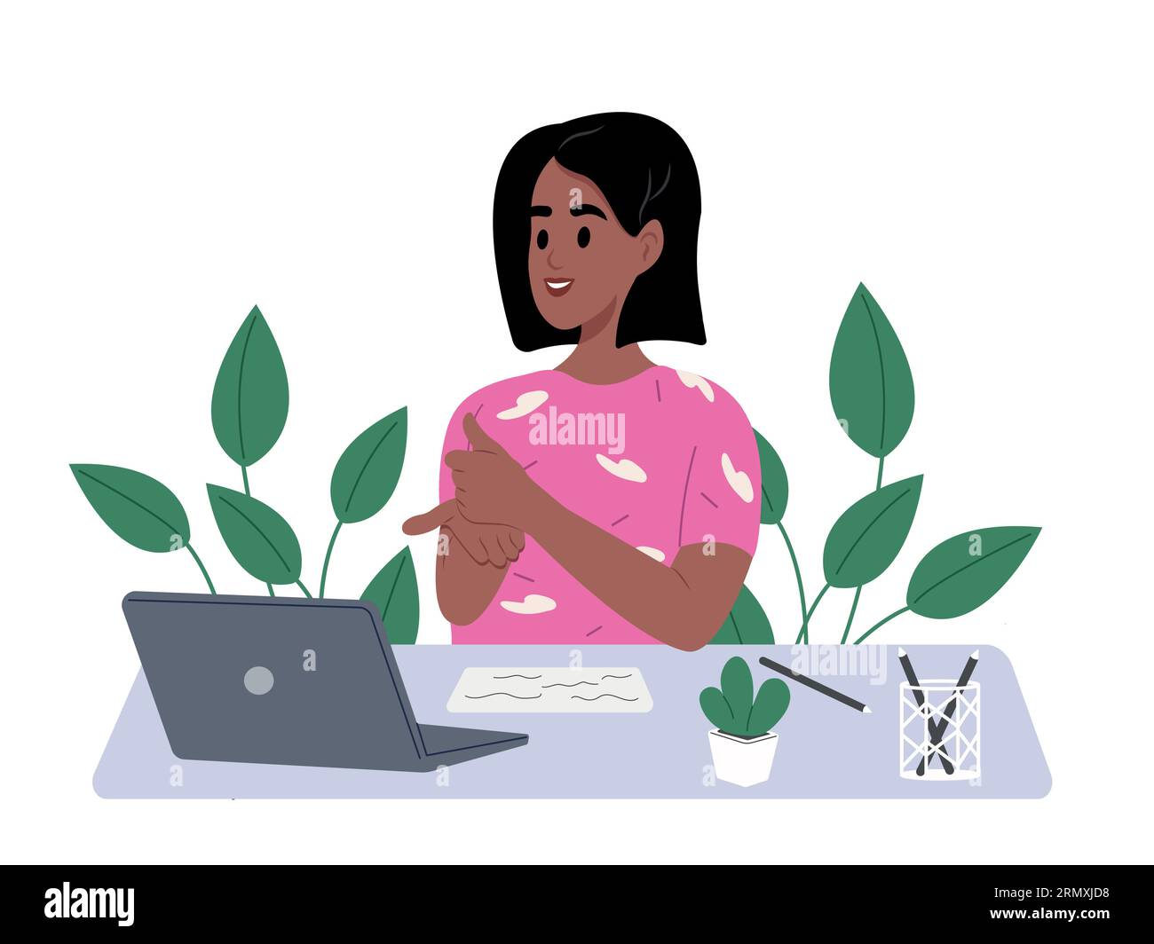 Smiling teenage girl, schoolgirl studying in online class on laptop, communicating with teacher via video conference using sign language. Stock Vector