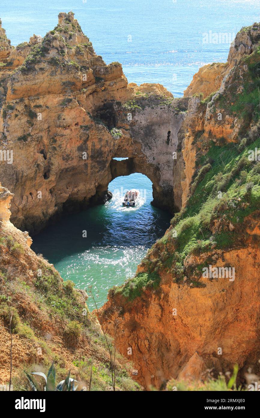 Lagos, Algarve, Portugal October 20, 2022 Touristic boat full of