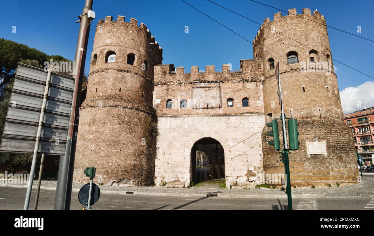 Ancient majestic and well preserved Porta San Paolo gate one of the southern gates of the Aurelian Walls in Rome Stock Photo