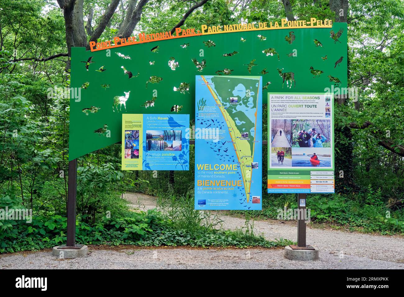 Welcome sign at Point Pelee National Park near Leamington Ontario.  The park is the most souytherly point in mainland Canada and popular nature reserv Stock Photo