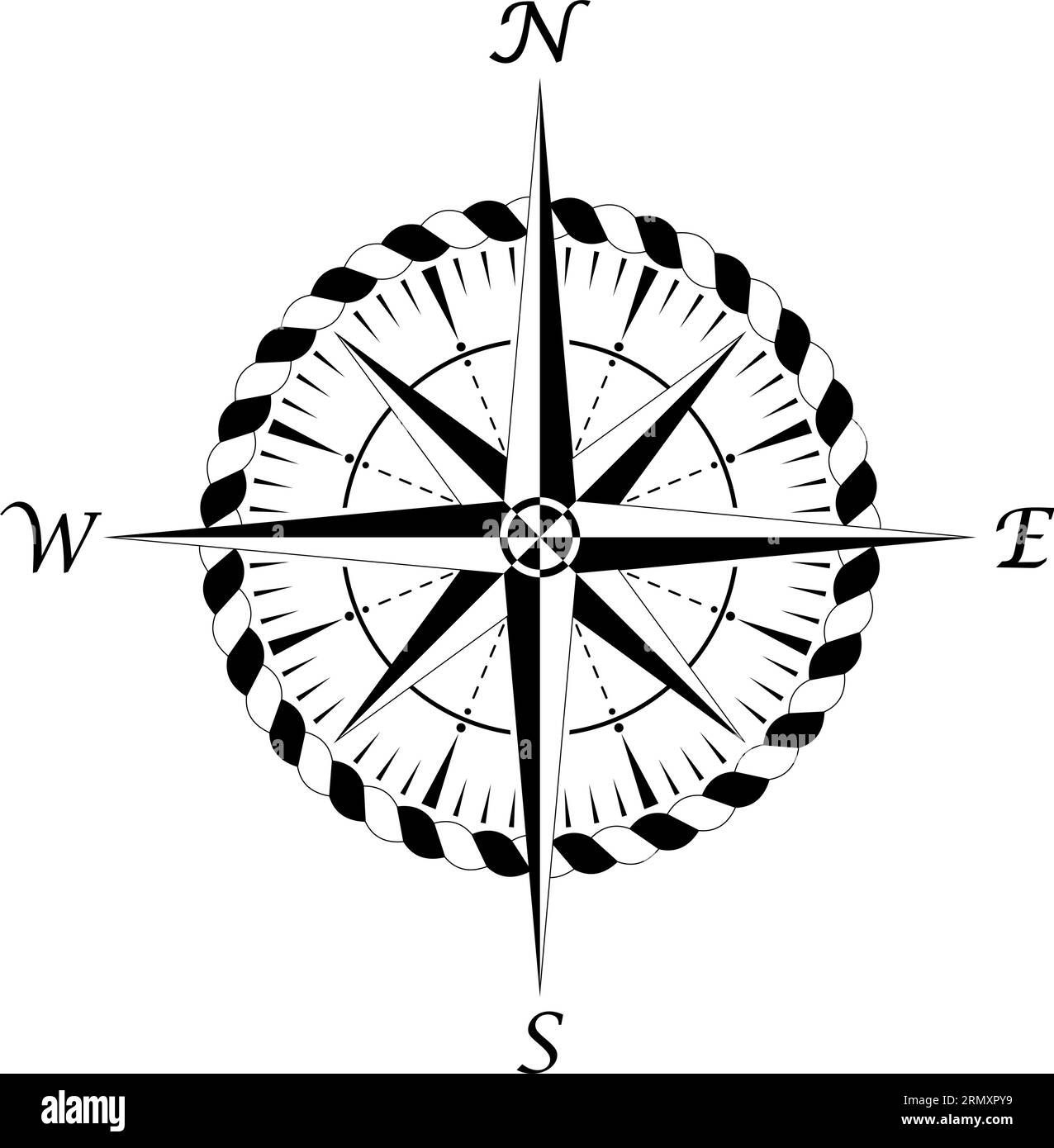Compass Rose Vector With Four Wind Directions And Cord Frame In Black And White Eight Spike 6183