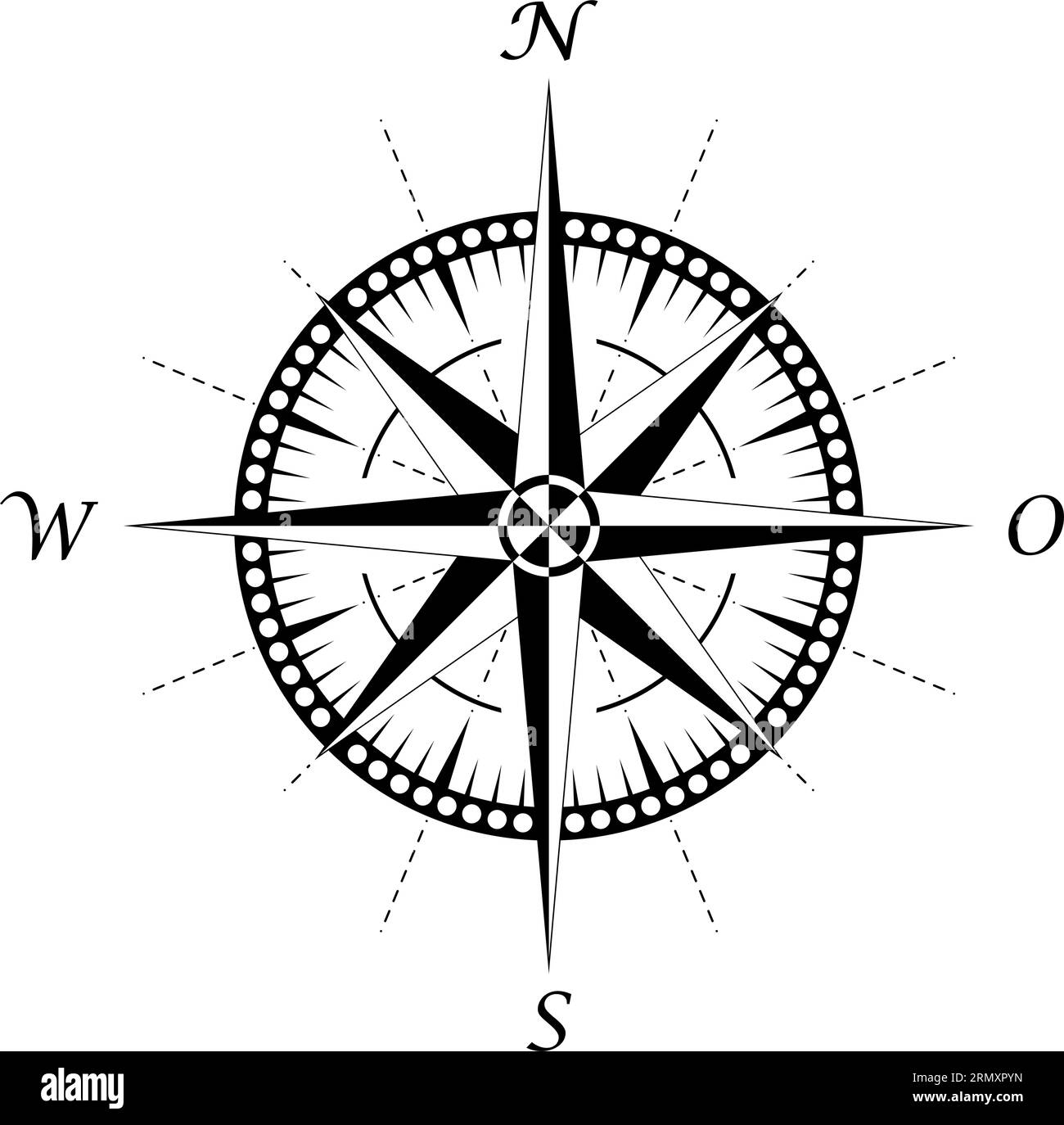 Compass rose vector with four directions and German east description