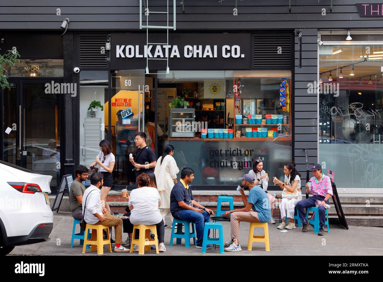 Kolkata Chai Co, 60 Kenmare St, New York, NYC storefront photo of a South Asian Masala Chai cafe in Manhattan's Nolita neighborhood. Stock Photo