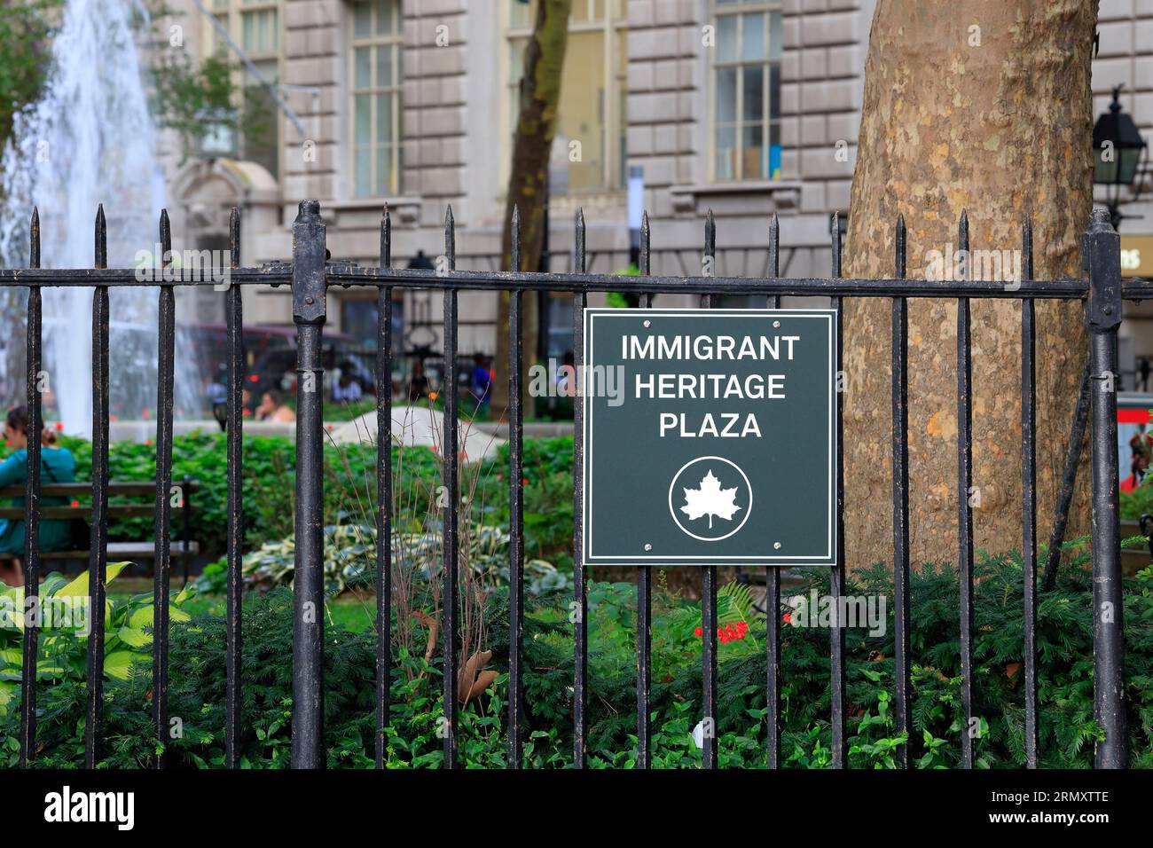Signage for Immigrant Heritage Plaza outside Bowling Green in Downtown Manhattan, New York City. Stock Photo