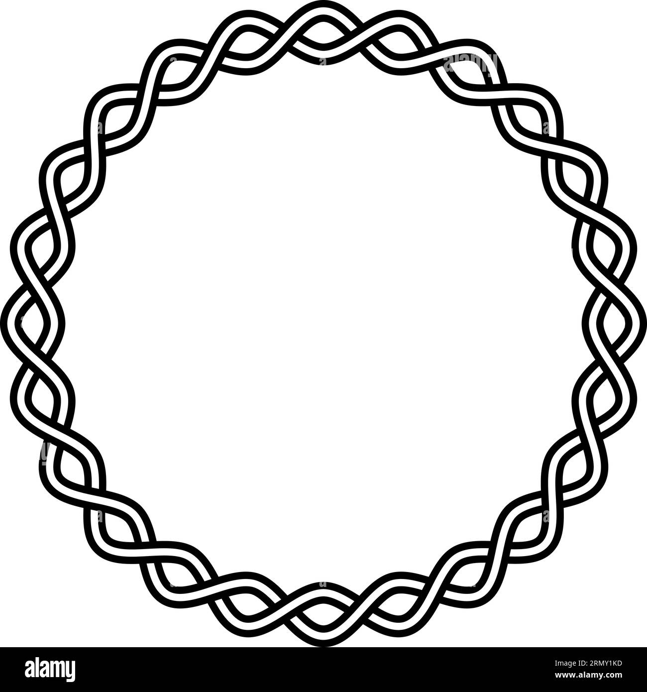 Round frame braided cable, wavy intersecting lines vignette pattern decoration Stock Vector