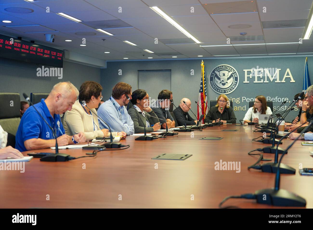 Washington, United States. 30th Aug, 2023. Federal Emergency Management Agency Administrator Deanne Criswell, center, leads a briefing on Hurricane Idalia from the FEMA Headquarters, August 30, 2023 in Washington, DC Credit: Jenna Converse/FEMA/Alamy Live News Stock Photo