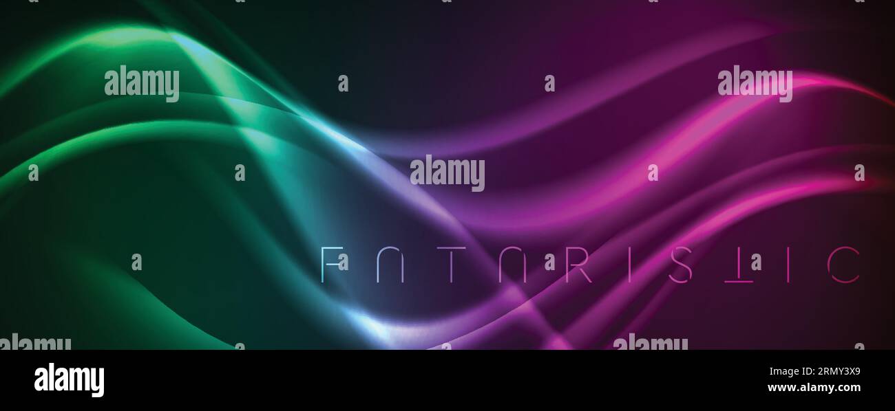 Green violet neon liquid waves abstract background. Vector design Stock Vector