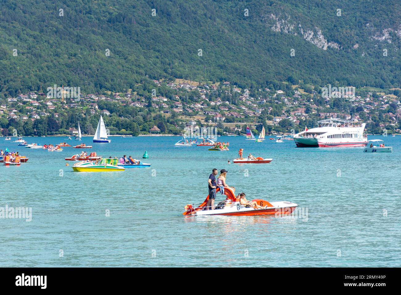Boating on Lake Annecy (Lac d'Annecy), Annecy, Haute-Savoie, Auvergne-Rhône-Alpes, France Stock Photo