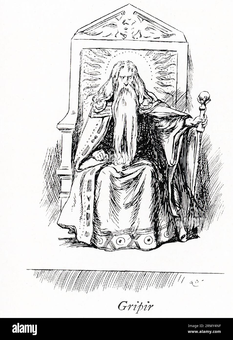 This early 1900s illustration shows Gripir.. Gripir was the son of King Eylimi, and the brother of Hjordis and maternal uncle of Siguror. He ruled over lands and was of all men wisest and prescient of the future. In the eddic poem Grípir's Prophecy,' a youthful Siguror arrives at his hall and is met by a man named Geitir. Stock Photo