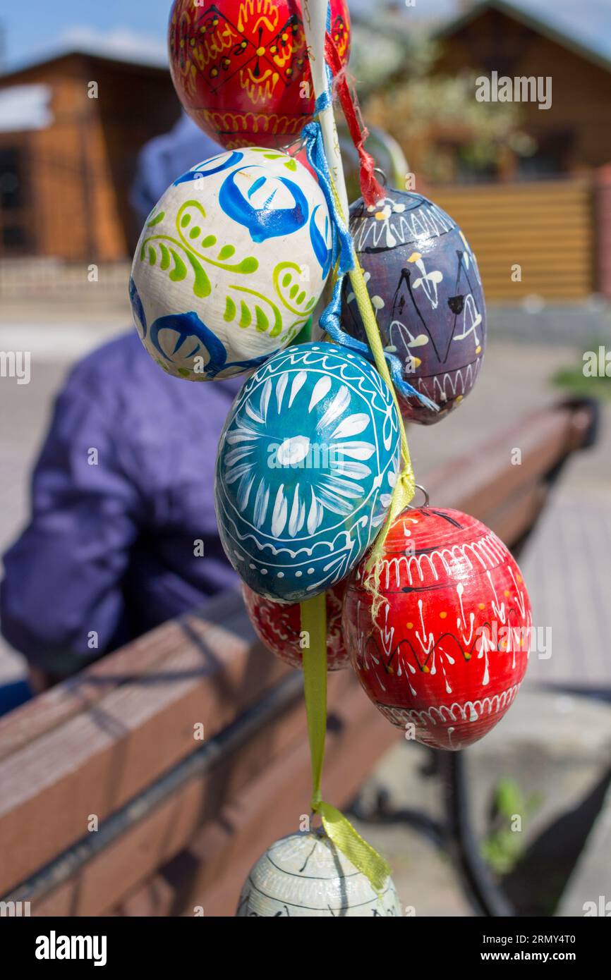 happy Easter, Easter eggs hang in the city for Easter Stock Photo