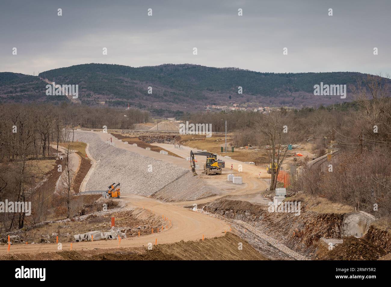 Excavation works at the construction site of second railway track and tunnels in slovenia on the line towards Koper. Construction site around divaca Stock Photo