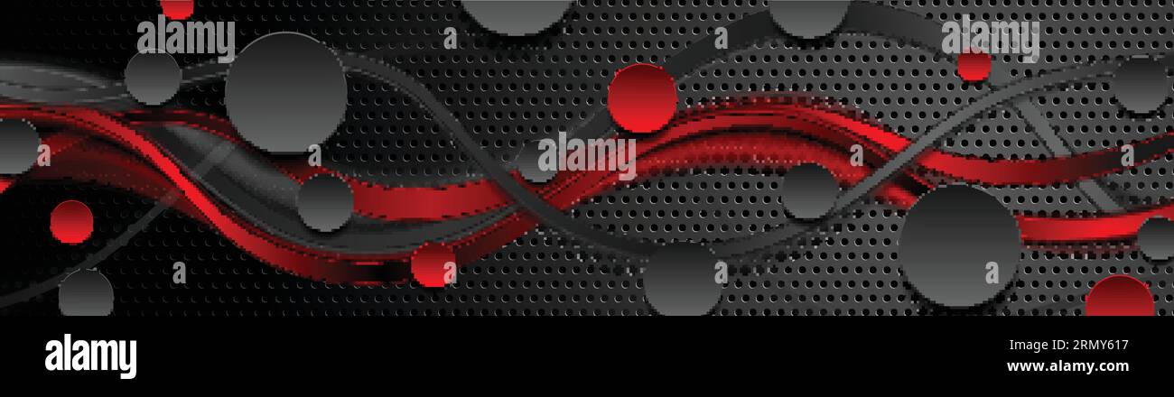 Perforated tech banner with red black smooth waves and circles. Vector background Stock Vector