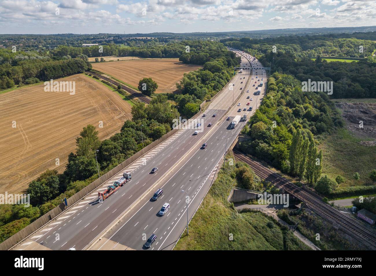 Aerial view of the M25 close to Cobham services, Cobham, Surrey, UK
