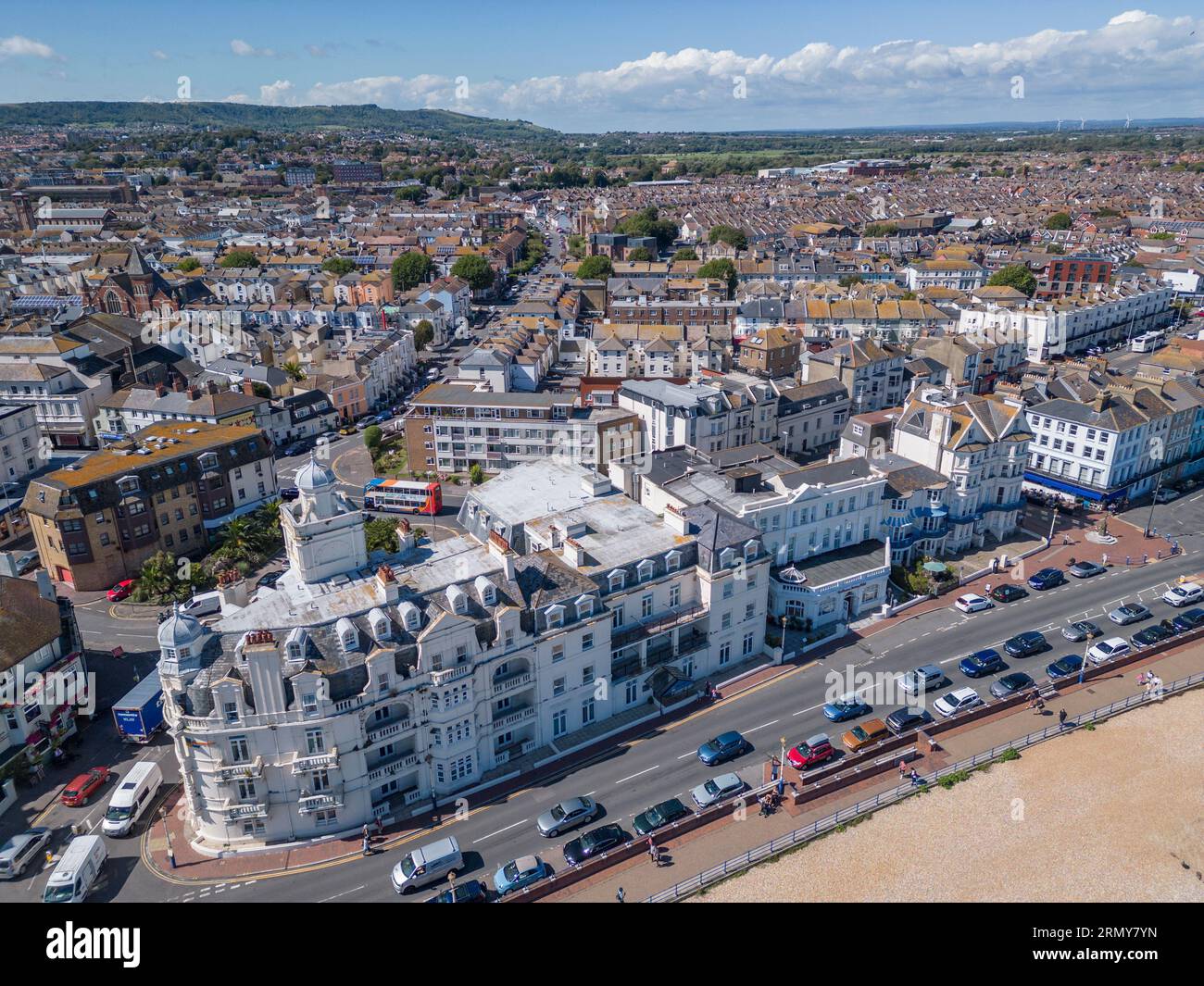 Aerial view of the hotels and property on the seafront at Eastbourne
