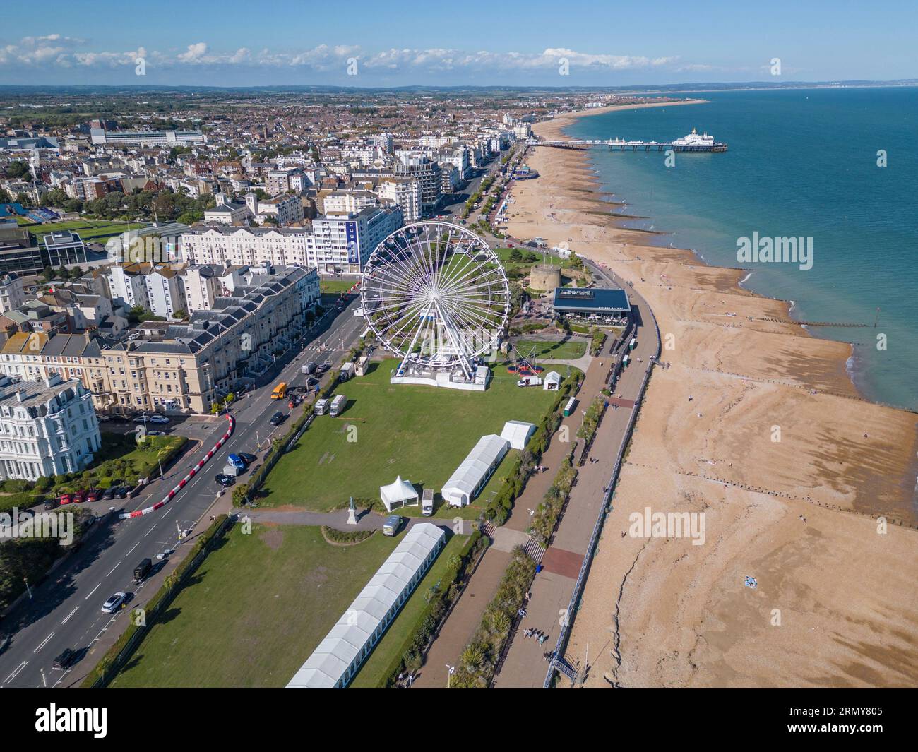 Aerial view of the big wheel, beach and pier at Eastbourne, East Sussex, UK Stock Photo Alamy