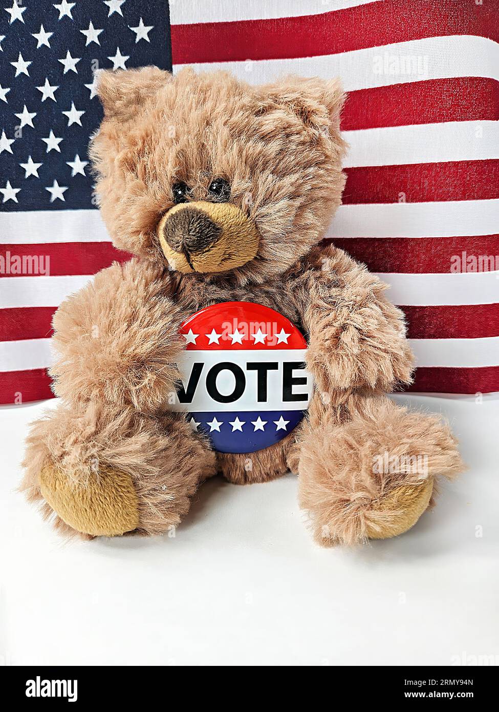 Brown teddy bear with election campaign vote pin and American flag background Stock Photo
