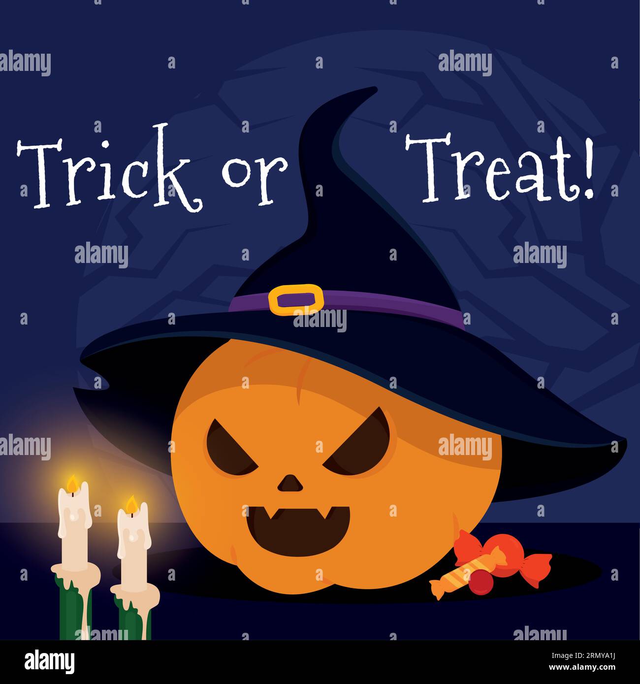 Cute spooky pumpkin with witch hat and candies Happy halloween Vector ...
