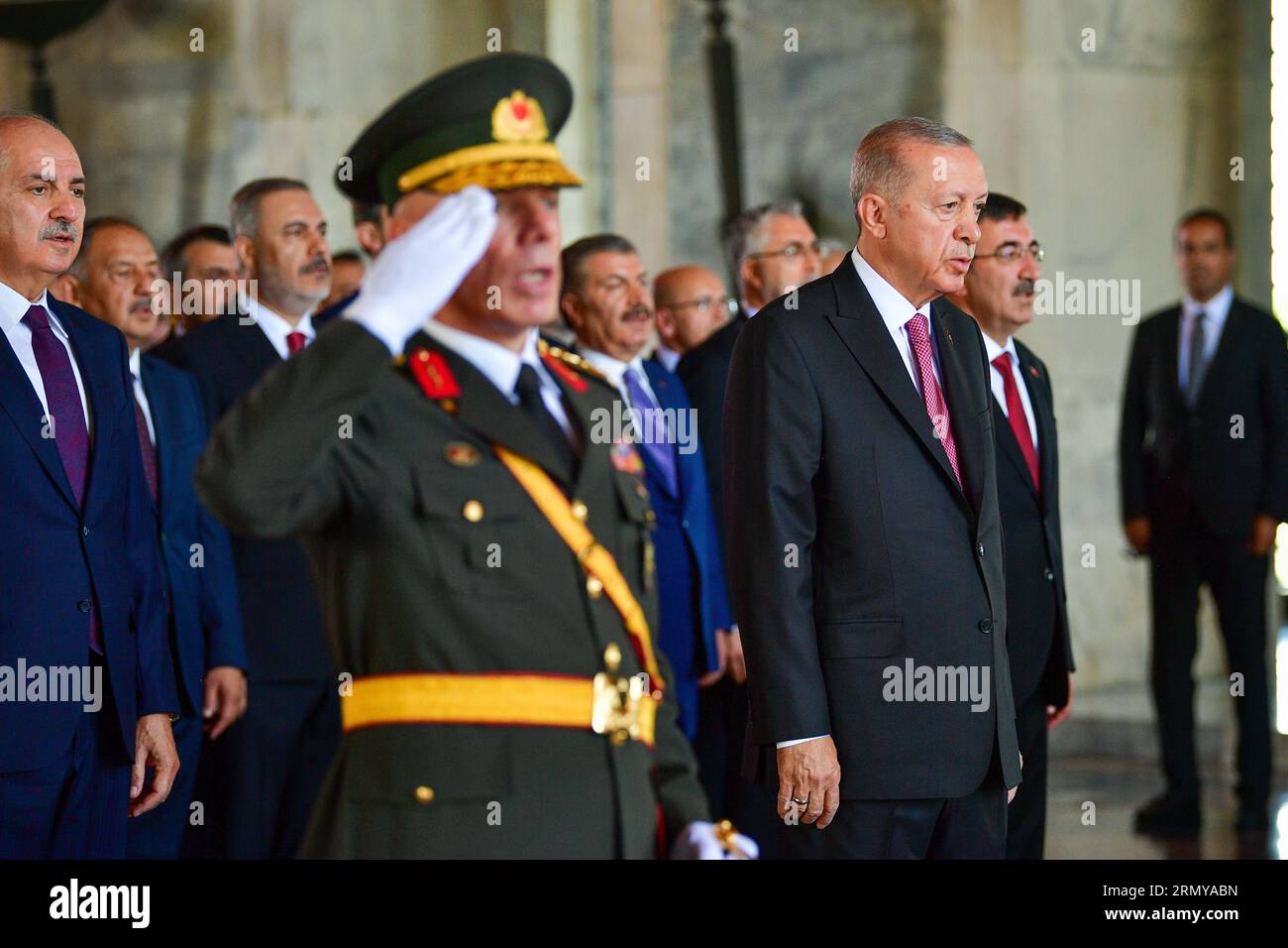 President of the Republic of Turkey, Recep Tayyip Erdogan, seen inside the mausoleum of the country's founder, Mustafa Kemal Ataturk. Victory Day is an official and national holiday celebrated on August 30 every year in Turkey and the Turkish Republic of Northern Cyprus to commemorate the Great Offensive, which ended in victory under Ataturk's command in Dumlupnar on August 30, 1922. On the 101th anniversary of the victory, President of the Republic of Turkey Recep Tayyip Erdo?an visited the mausoleum of the country's founder, Mustafa Kemal Atatürk. Stock Photo