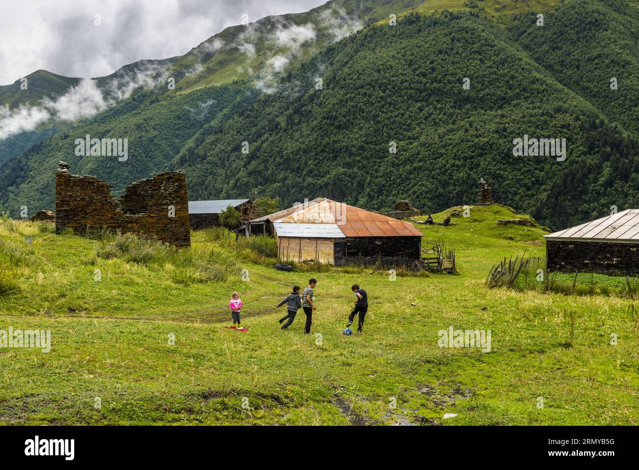The village of Dano near Dartlo in Tusheti, Georgia. The traditional sanctuary is called Chati in Tusheti. Such a place may be entered only by men Stock Photo