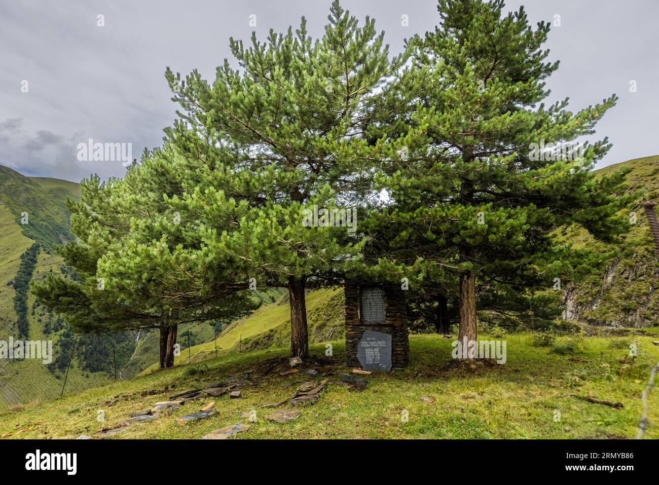 The village of Dano near Dartlo in Tusheti, Georgia. Memorial stone for the war dead of the village Stock Photo