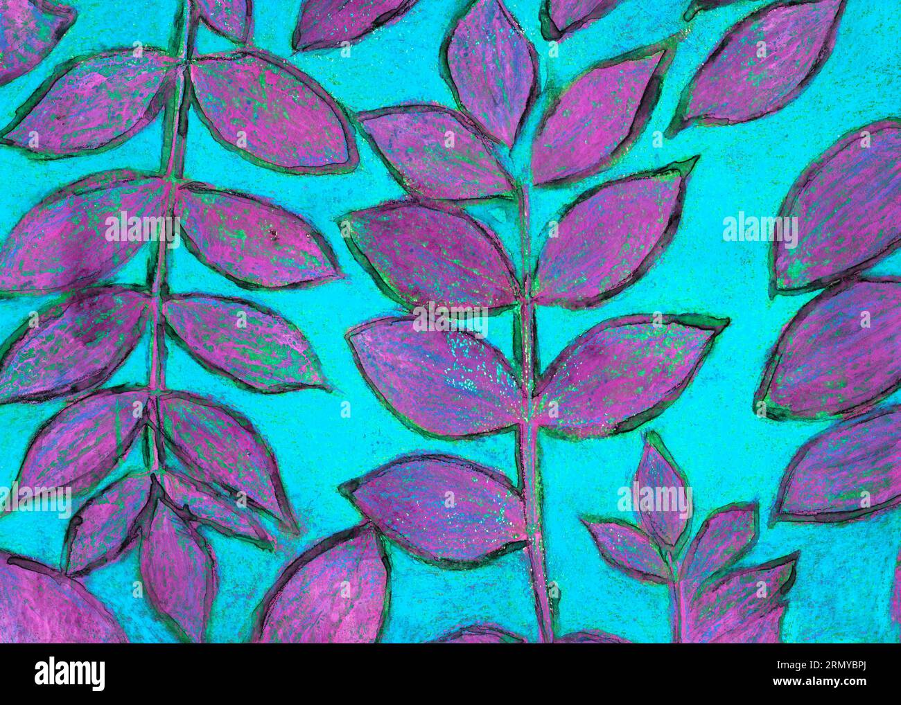 blue and Purple Ash Leaves monoprint painting illustration Stock Photo