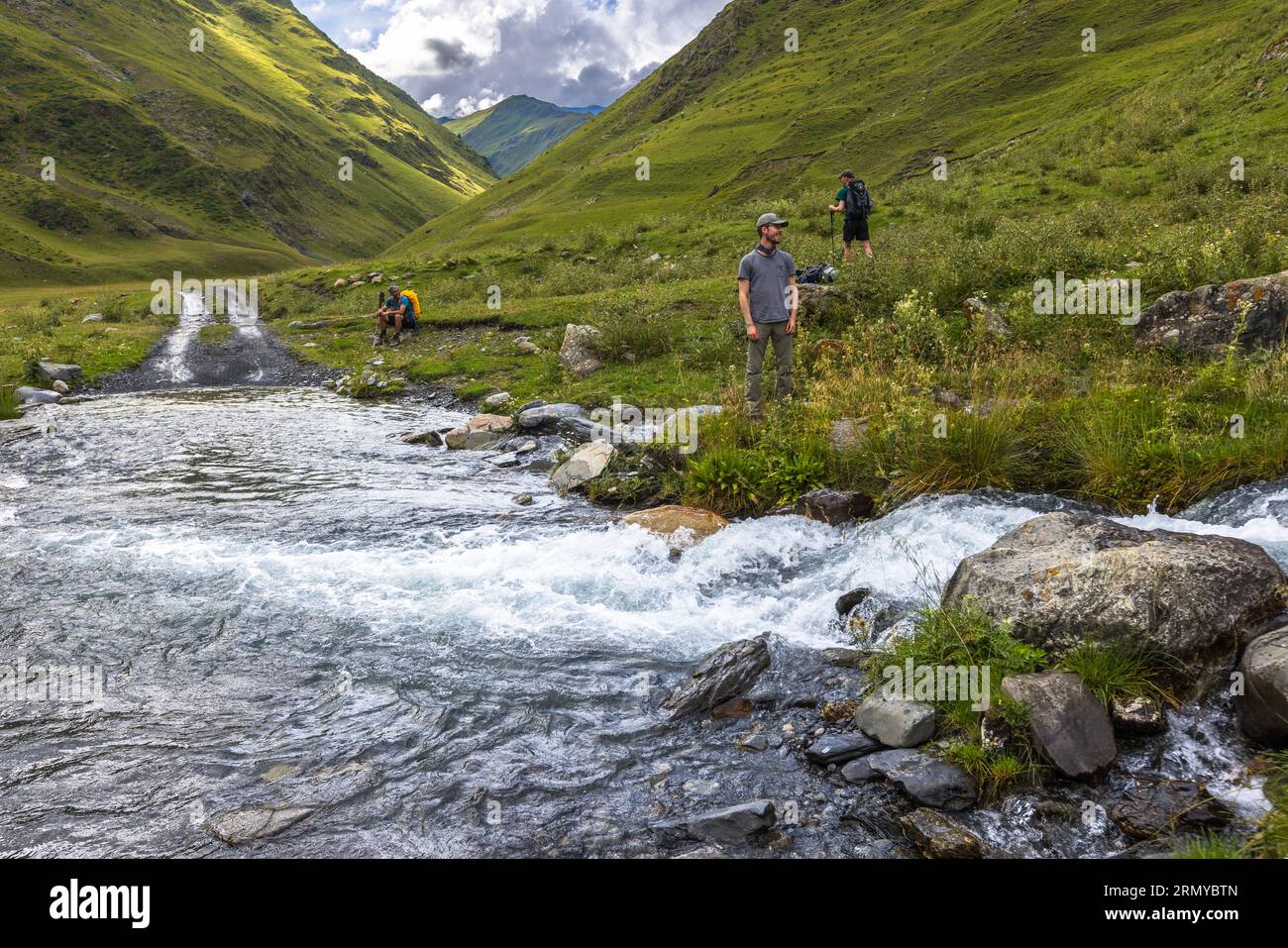 Vehicles, horsemen and hikers have to cross many rivers in Tusheti, Georgia Stock Photo