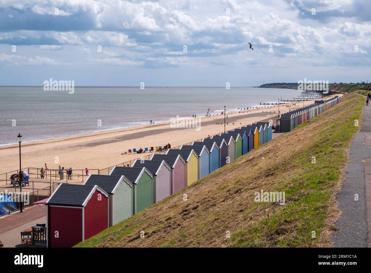 Gorleston on sea seafront, sandy beach and beach huts. Norfolk, UK