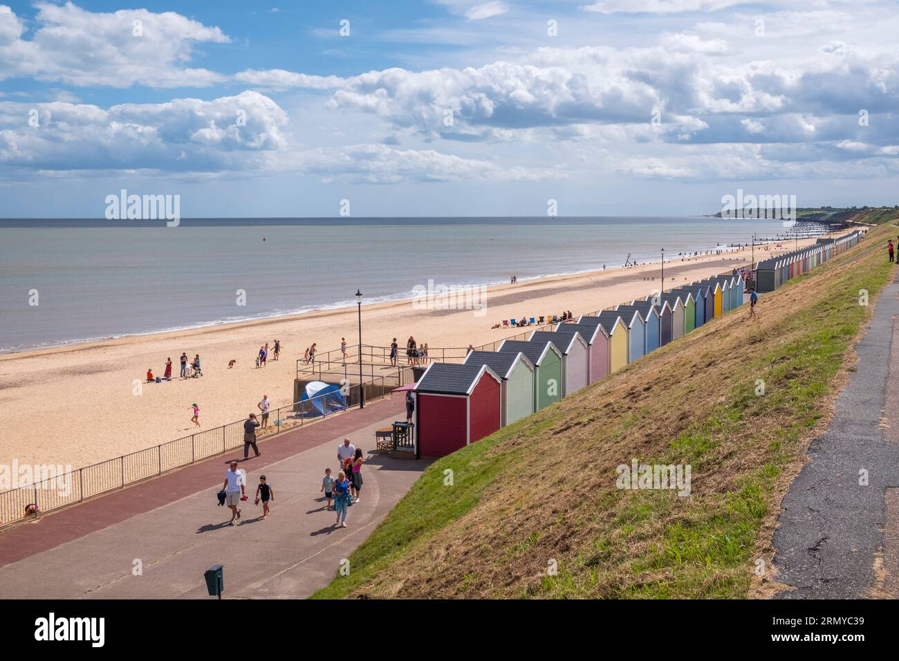 Gorleston on sea seafront, sandy beach and beach huts. Norfolk, UK. Stock Photo
