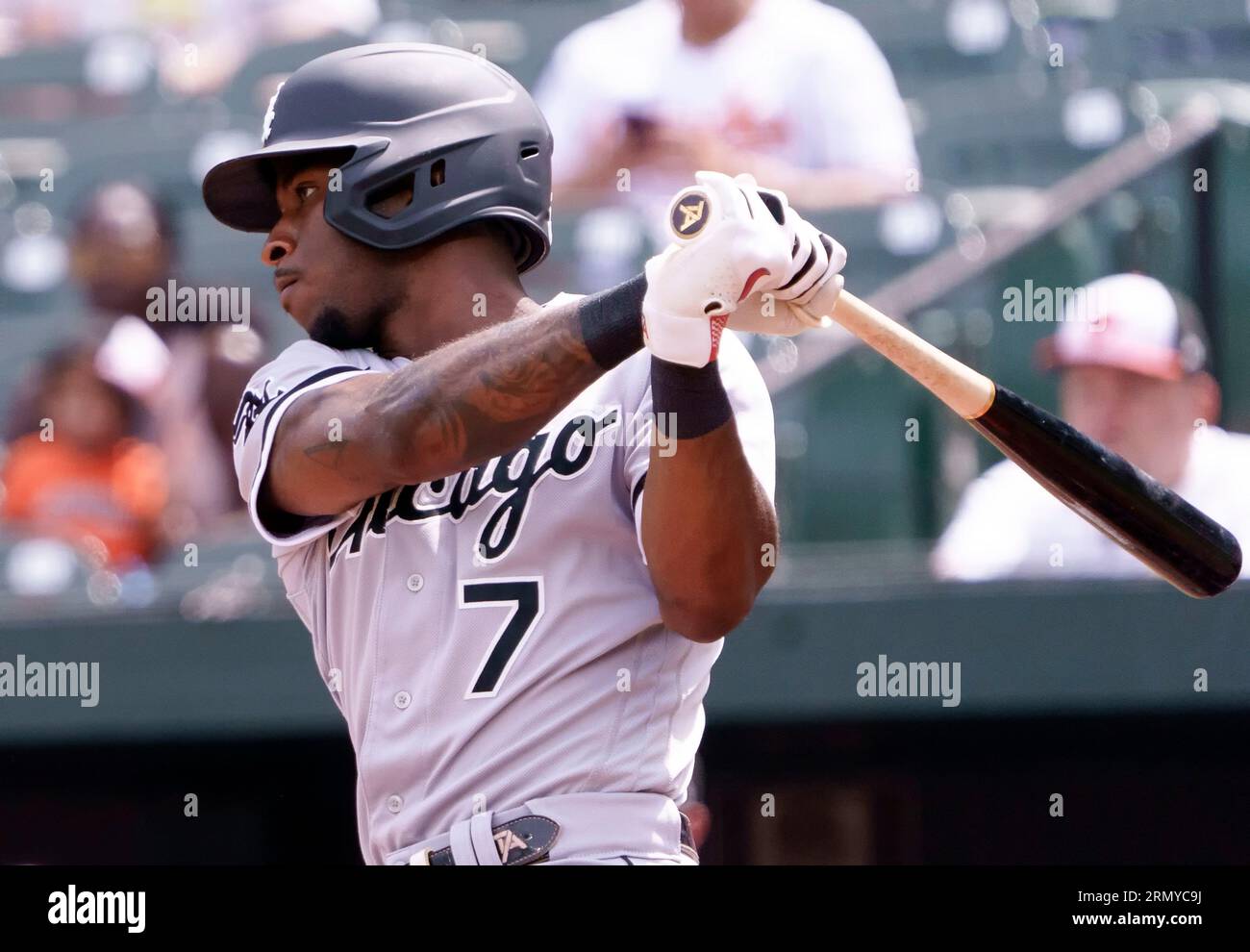 Chicago White Sox's Eloy Jimenez hits a single during the sixth inning of a  baseball game against the Baltimore Orioles, Friday, April 14, 2023, in  Chicago. (AP Photo/Erin Hooley Stock Photo - Alamy