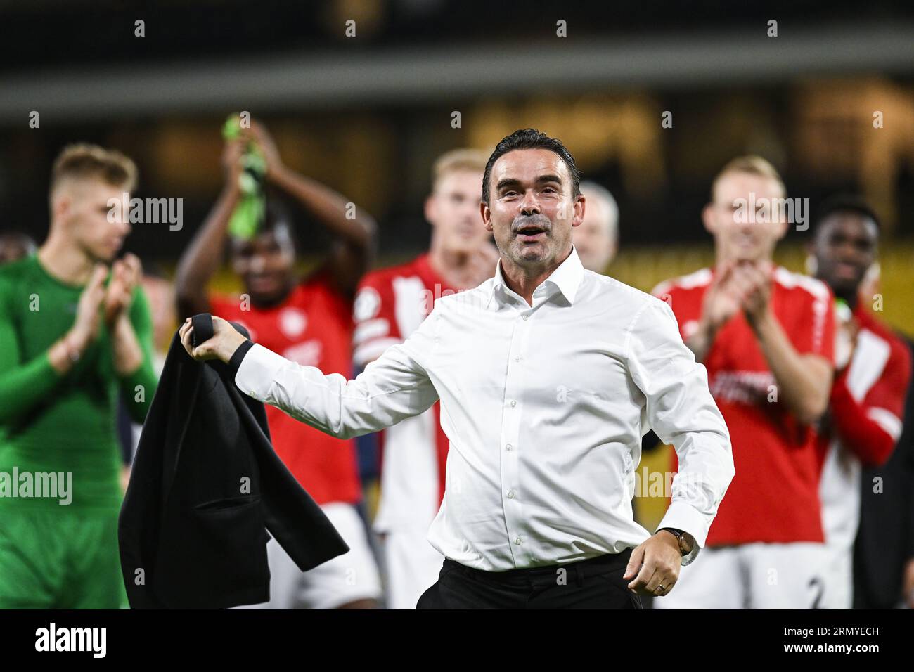 Athens, Greece. 30th Aug, 2023. Antwerp's director of football Marc Overmars celebrates after winning a soccer game between Greek AEK Athens FC and Belgian soccer team Royal Antwerp FC, Wednesday 30 August 2023 in Athens, Greece, the return leg of the play-offs for the UEFA Champions League competition. BELGA PHOTO TOM GOYVAERTS Credit: Belga News Agency/Alamy Live News Stock Photo