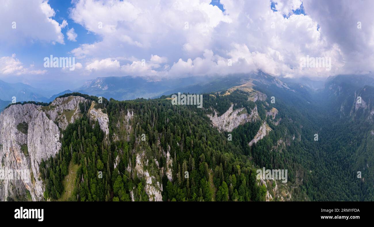 Balkan aerial mountains panorama with clouds and green forests, Maglic ...