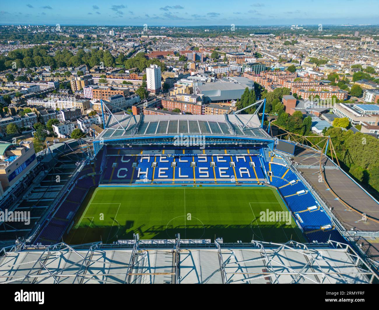 Chelsea, London. United Kingdom. 08/15/2023 Aerial image of Stamford Bridge Stadium. Chelsea Football Club. 15th August 2023 Stock Photo