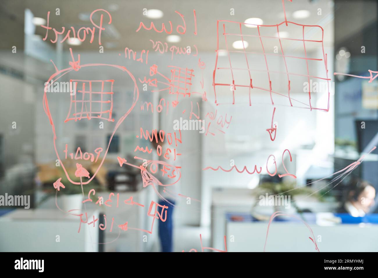 Medical respirator creation scheme drawn on glass wall in modern office ...