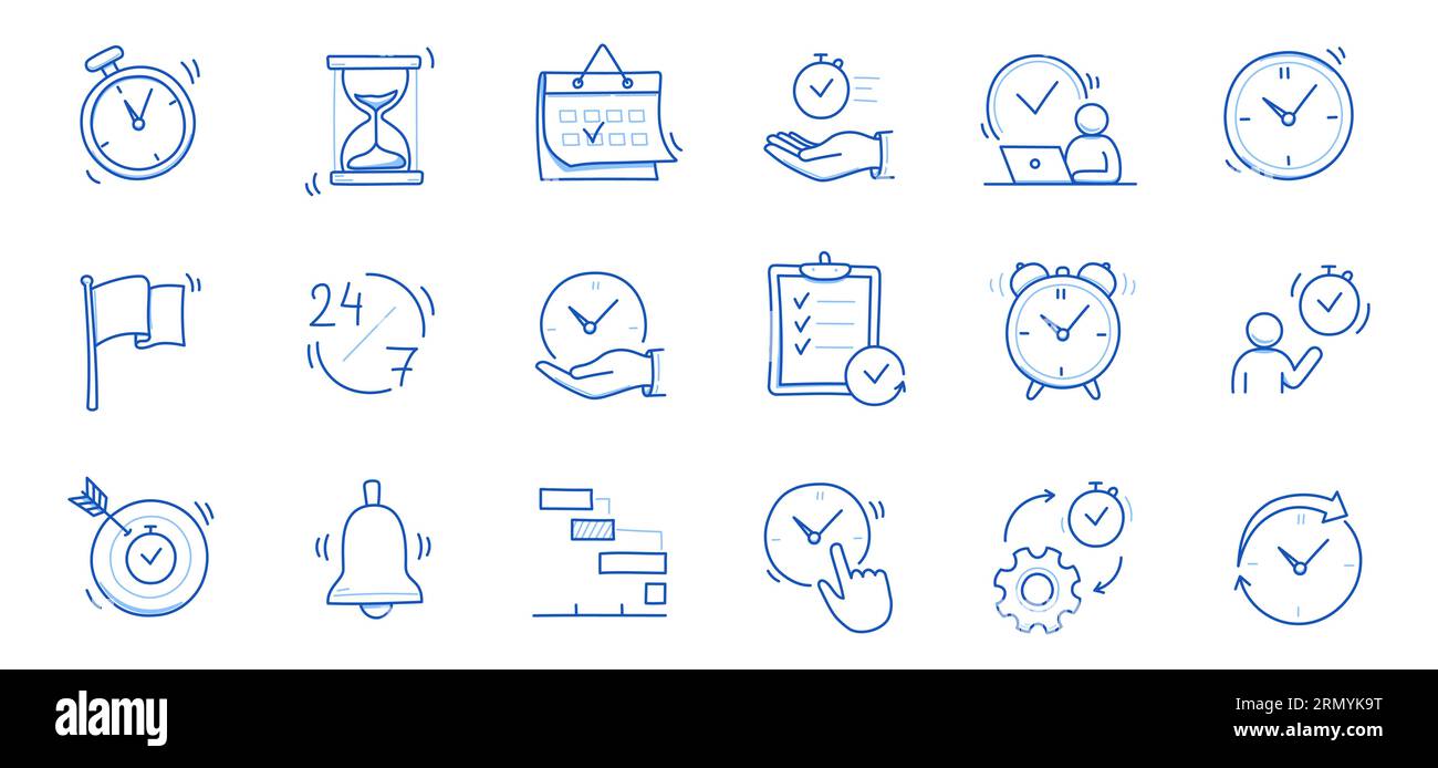 Time, calendar doodle line icon set. Hand drawn doodle sketch line style business time management, project deadline concept. Alarm clock, calendar, stopwatch cute elements. Vector illustration Stock Vector