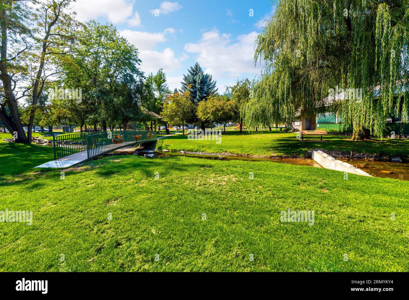 The scenic City Park with stream running through it in the rural town