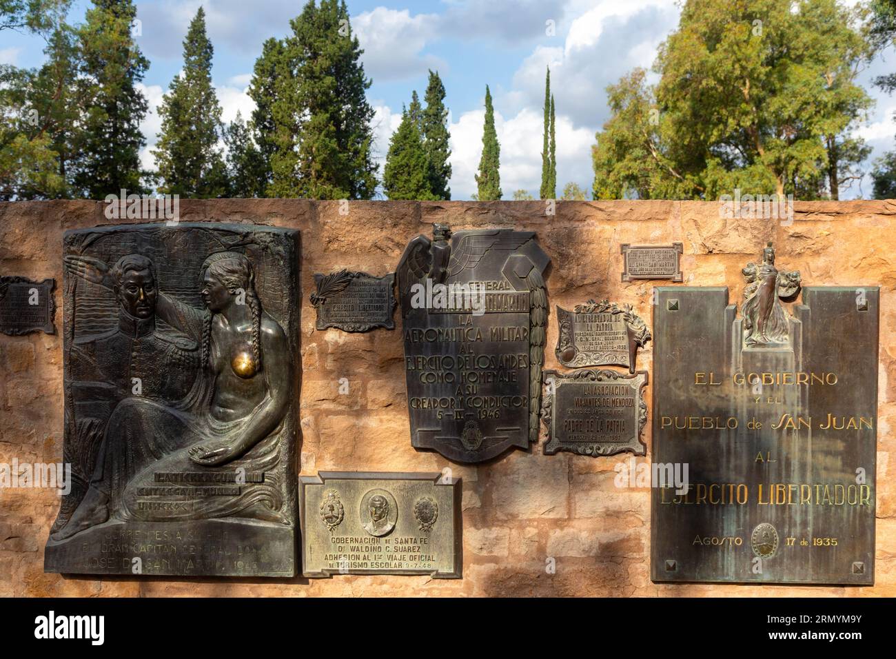 Commemorative Wall Plaques to the Army of the Andes on Cerro De La Gloria Hill, General San Martin Urban Park, City of Mendoza Argentina Stock Photo