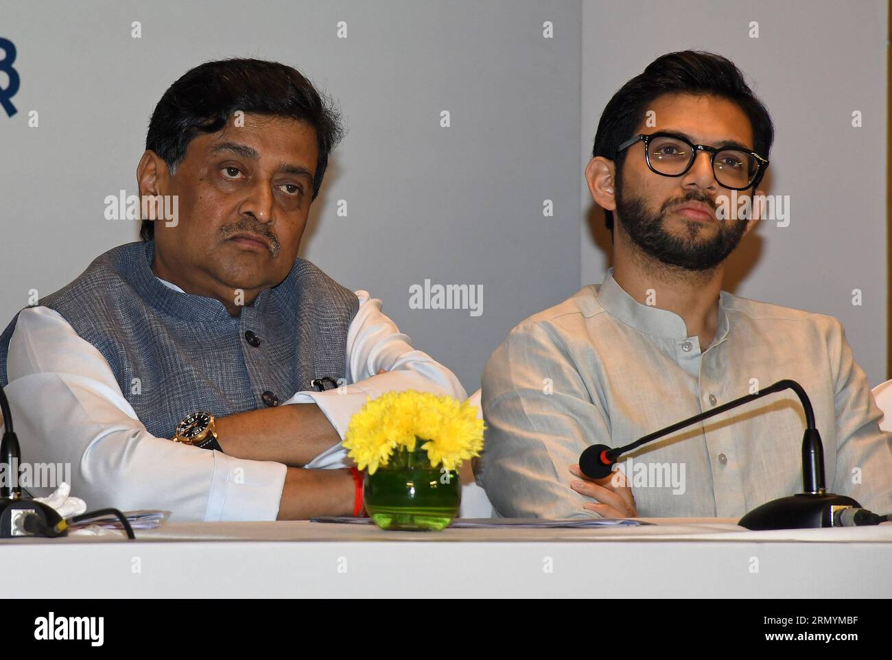 Mumbai, India. 30th Aug, 2023. L-R Indian National Congress leader Ashok Shankarrao Chavan and Shiv Sena (UBT) politician Aaditya Uddhav Thackeray are seen during the Maha Vikas Aghadi (MVA) press conference in Mumbai. The press conference was held ahead of Indian National Developmental Inclusive Alliance (INDIA) third meeting to be held on 31st August and 1st September 2023. Credit: SOPA Images Limited/Alamy Live News Stock Photo