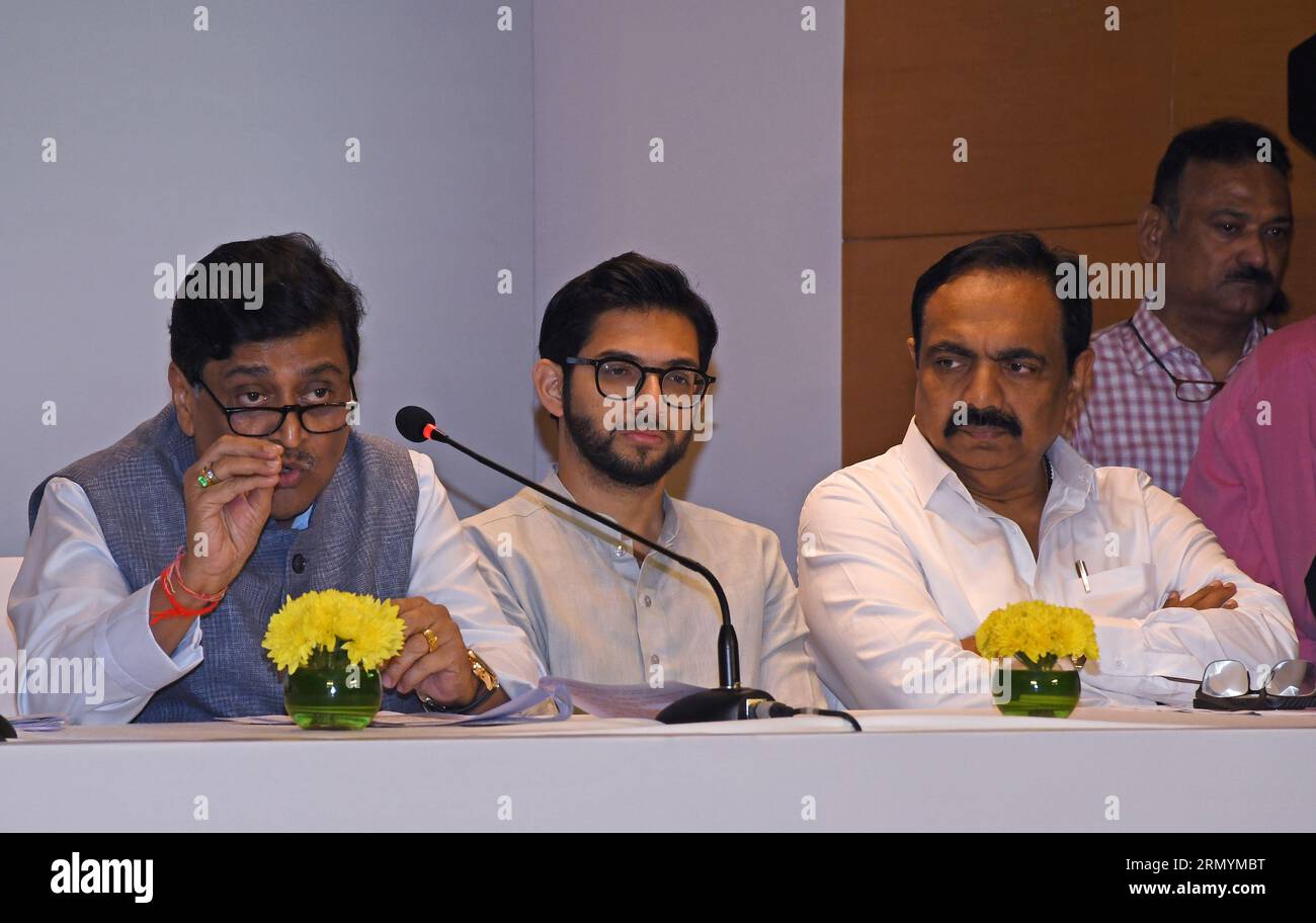 Mumbai, India. 30th Aug, 2023. L-R Indian National Congress leader Ashok Shankarrao Chavan and Shiv Sena (UBT) politician Aaditya Uddhav Thackeray (c) and Nationalist Congress Party (NCP) politician Jayant Rajaram Patil are seen during the Maha Vikas Aghadi (MVA) press conference in Mumbai. The press conference was held ahead of Indian National Developmental Inclusive Alliance (INDIA) third meeting to be held on 31st August and 1st September 2023. Credit: SOPA Images Limited/Alamy Live News Stock Photo