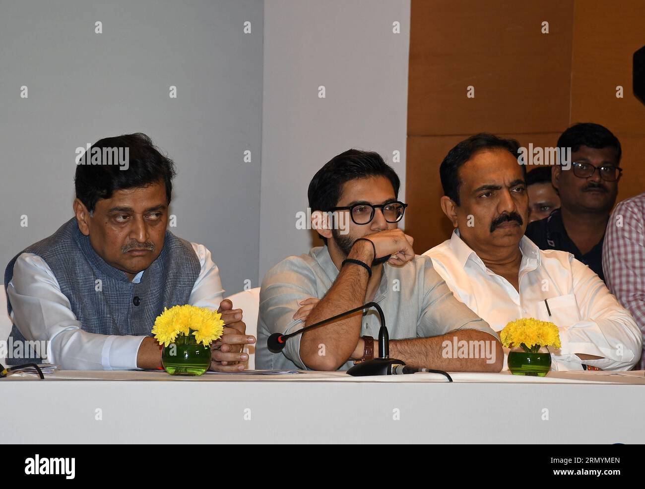 Mumbai, India. 30th Aug, 2023. L-R Indian National Congress leader Ashok Shankarrao Chavan and Shiv Sena (UBT) politician Aaditya Uddhav Thackeray (c) and Nationalist Congress Party (NCP) politician Jayant Rajaram Patil are seen during the Maha Vikas Aghadi (MVA) press conference in Mumbai. The press conference was held ahead of Indian National Developmental Inclusive Alliance (INDIA) third meeting to be held on 31st August and 1st September 2023. Credit: SOPA Images Limited/Alamy Live News Stock Photo