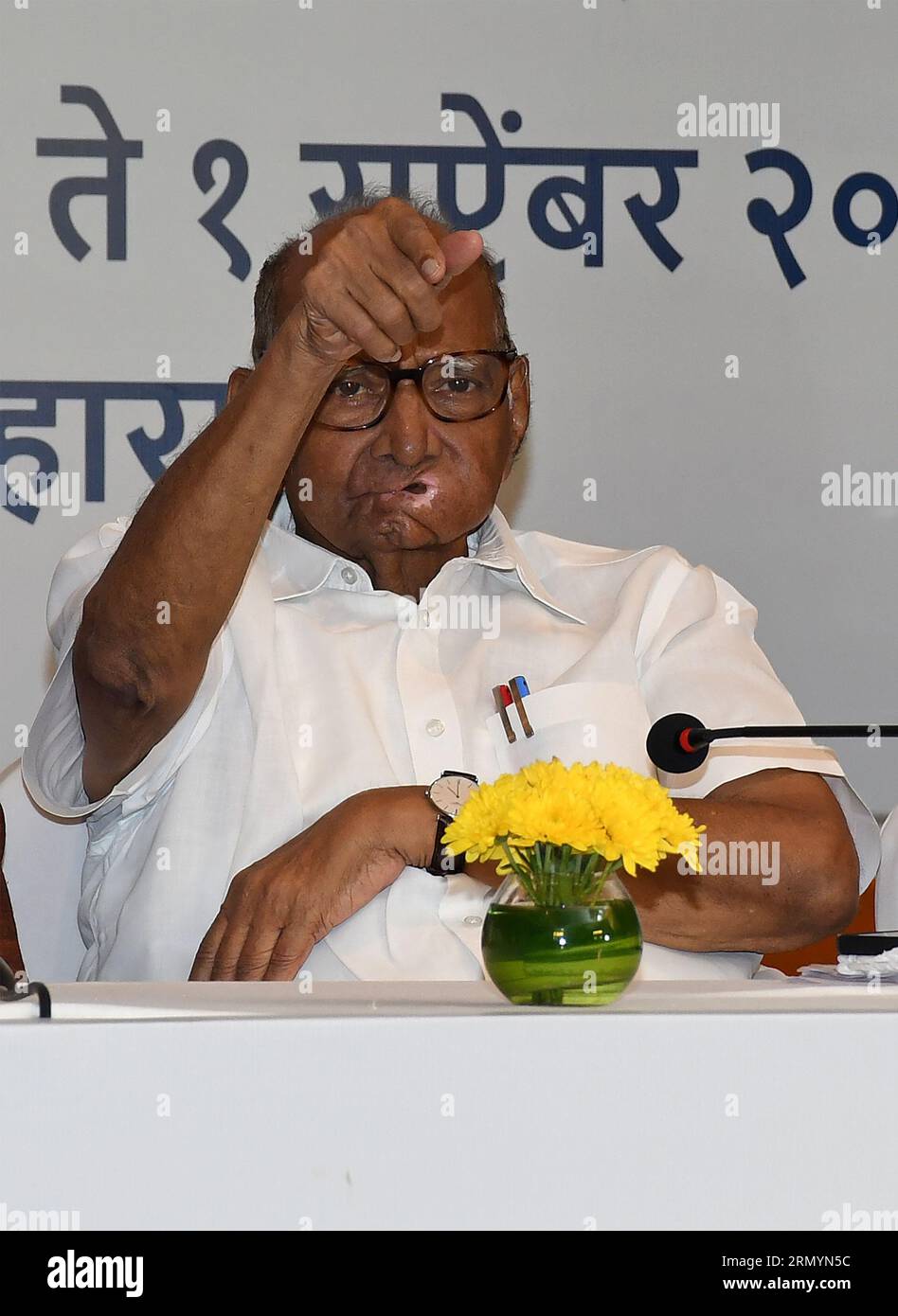 Mumbai, India. 30th Aug, 2023. Nationalist Congress Party (NCP) chief Sharad Govindrao Pawar gestures with his hand during the Maha Vikas Aghadi (MVA) press conference in Mumbai. The press conference was held ahead of Indian National Developmental Inclusive Alliance (INDIA) third meeting to be held on 31st August and 1st September 2023. (Photo by Ashish Vaishnav/SOPA Images/Sipa USA) Credit: Sipa USA/Alamy Live News Stock Photo